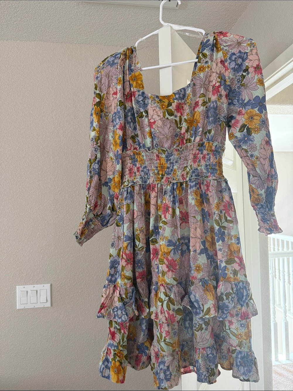 Floral Smocked Waist Long Sleeve Dress - Multicolor